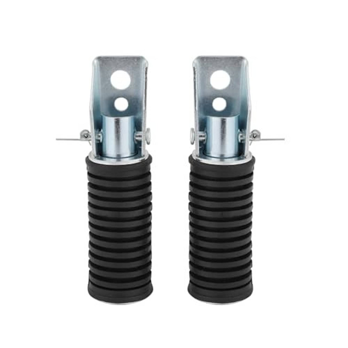 Two folding mini bike foot pegs with black ribbed rubber and silver U-shaped holders