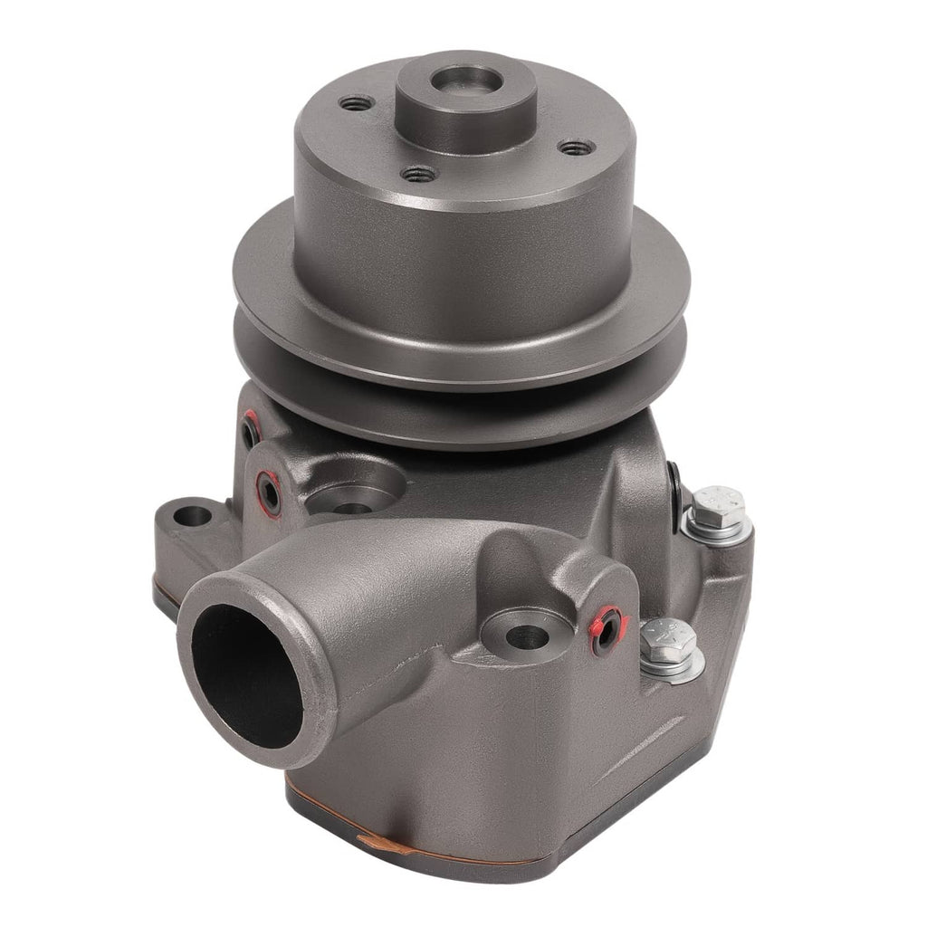 Water pump with pulley and large inlet opening, gray metal housing with outlet