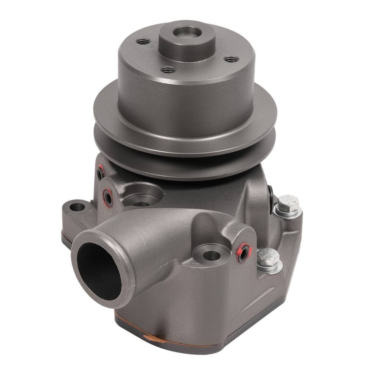 Water pump with pulley and large inlet opening, gray metal housing with outlet