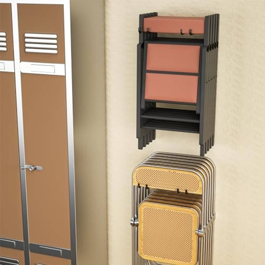Black folding chair storage rack with tan folding chair seats