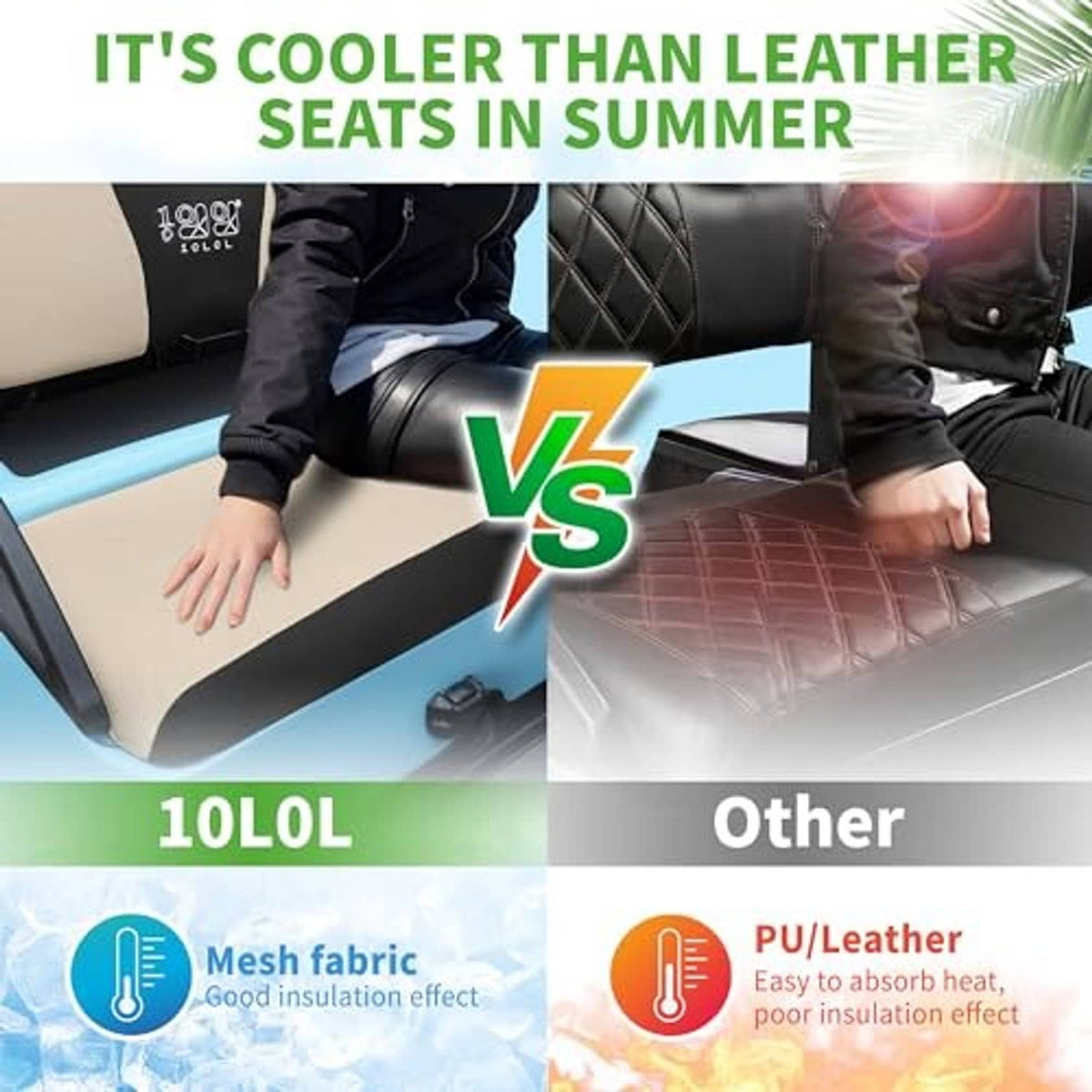 Beige and black seat cover panel beside dark red leather-style seat comparison
