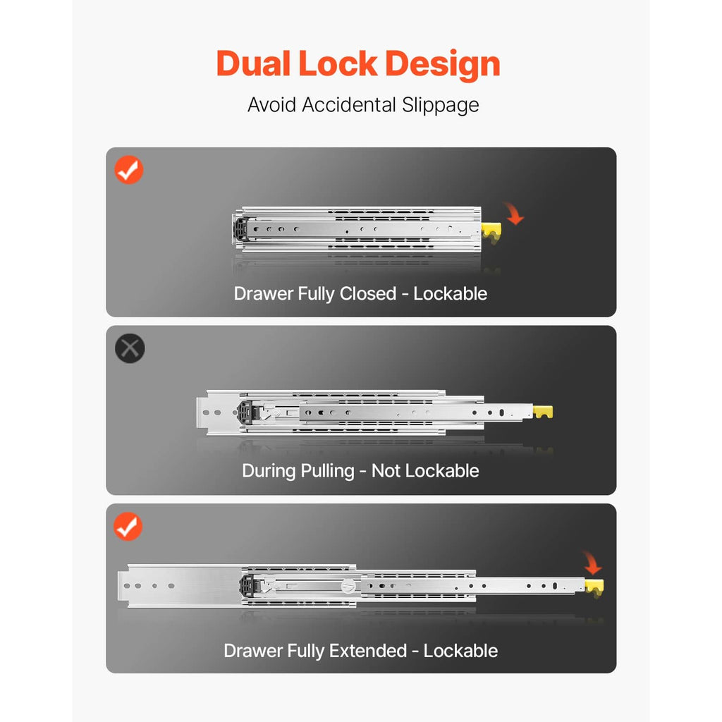 Dual-lock drawer slide mechanism shown in closed, extended, and lock states