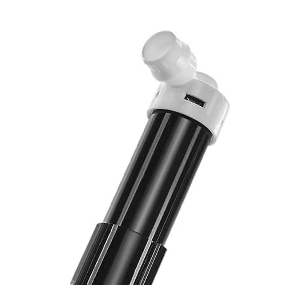 Headlight washer nozzle jet sprayer, close-up of white spray tip on black nozzle body
