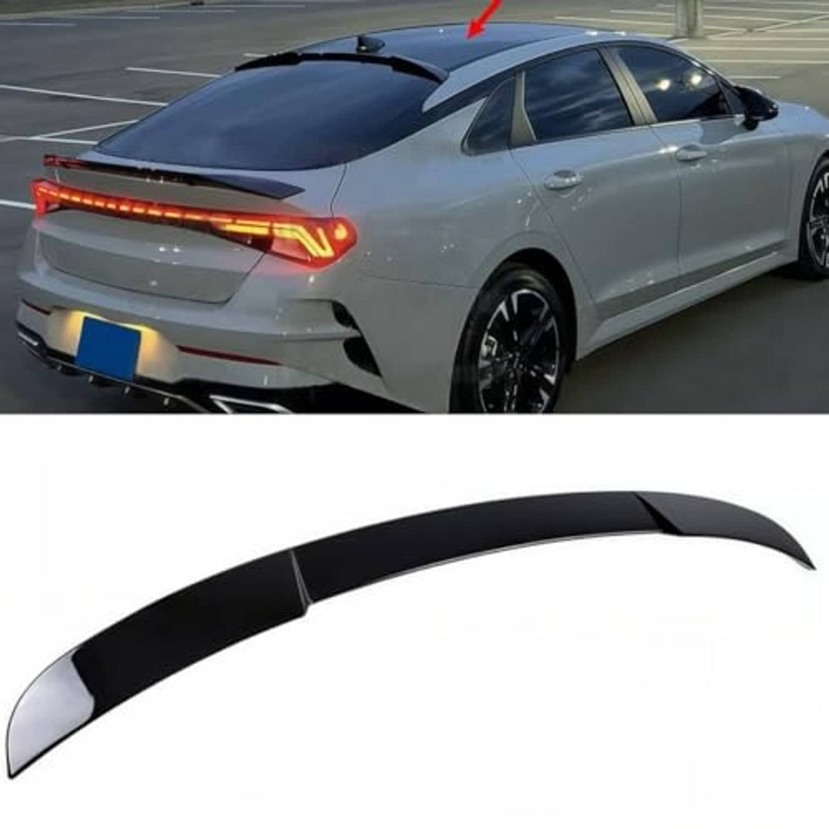 Black roof spoiler with aerodynamic duckbill shape installed on sedan