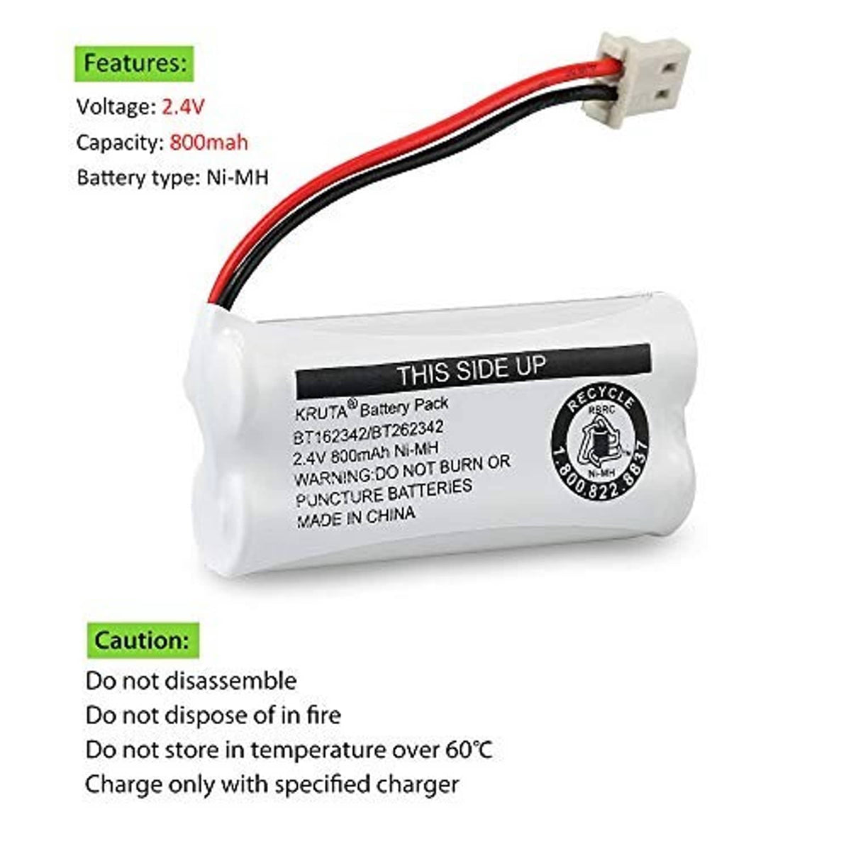 Cordless phone battery pack with caution label, red/black leads and white 2-pin connector