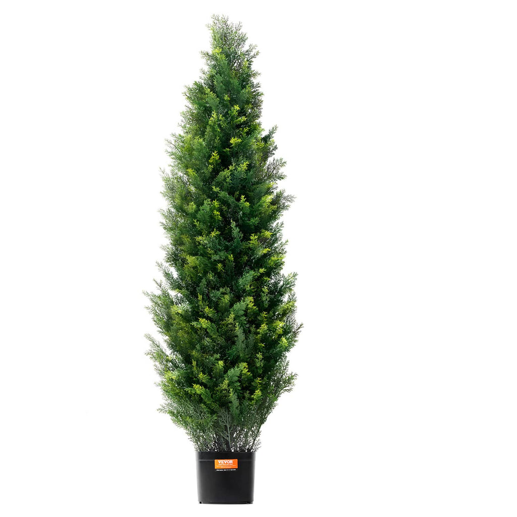 Artificial cedar topiary tree with dense green foliage in black pot