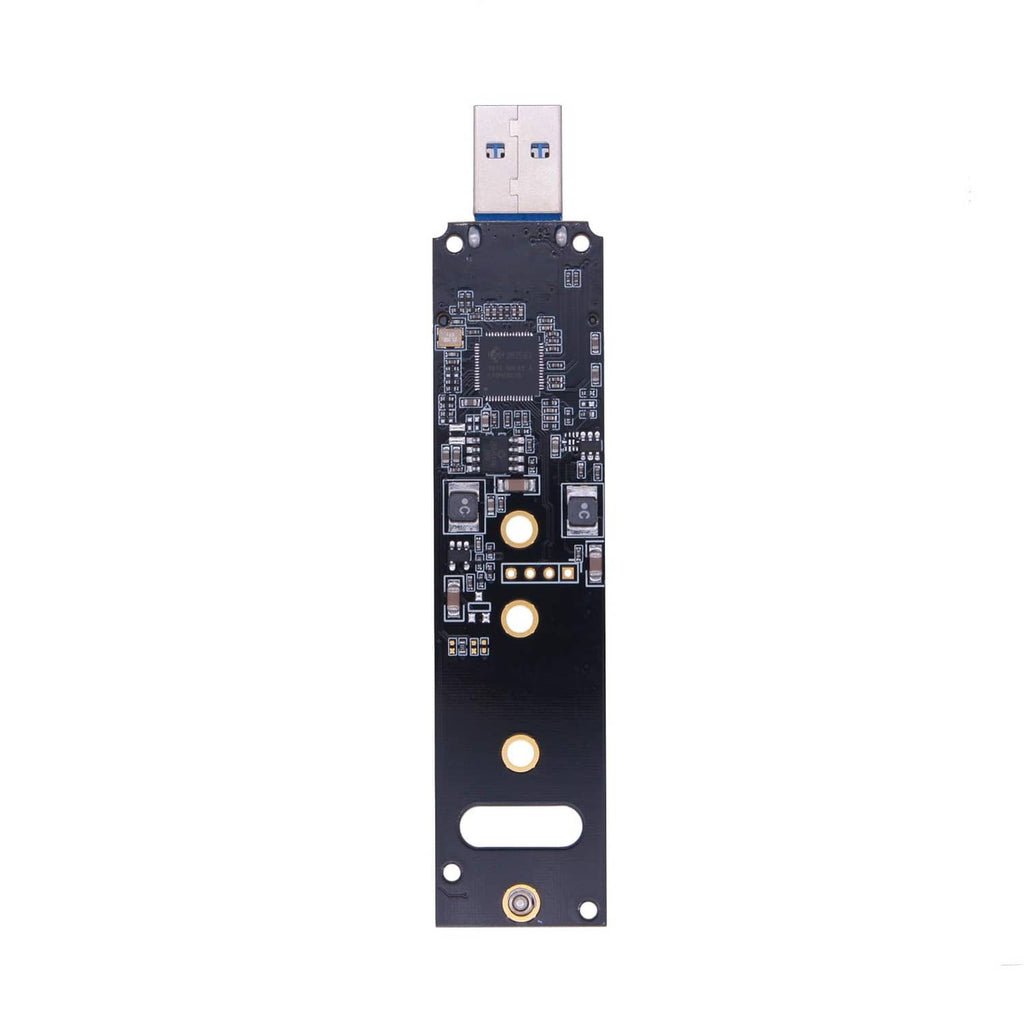 M.2 NVMe adapter PCB with white USB connector and circular mounting holes