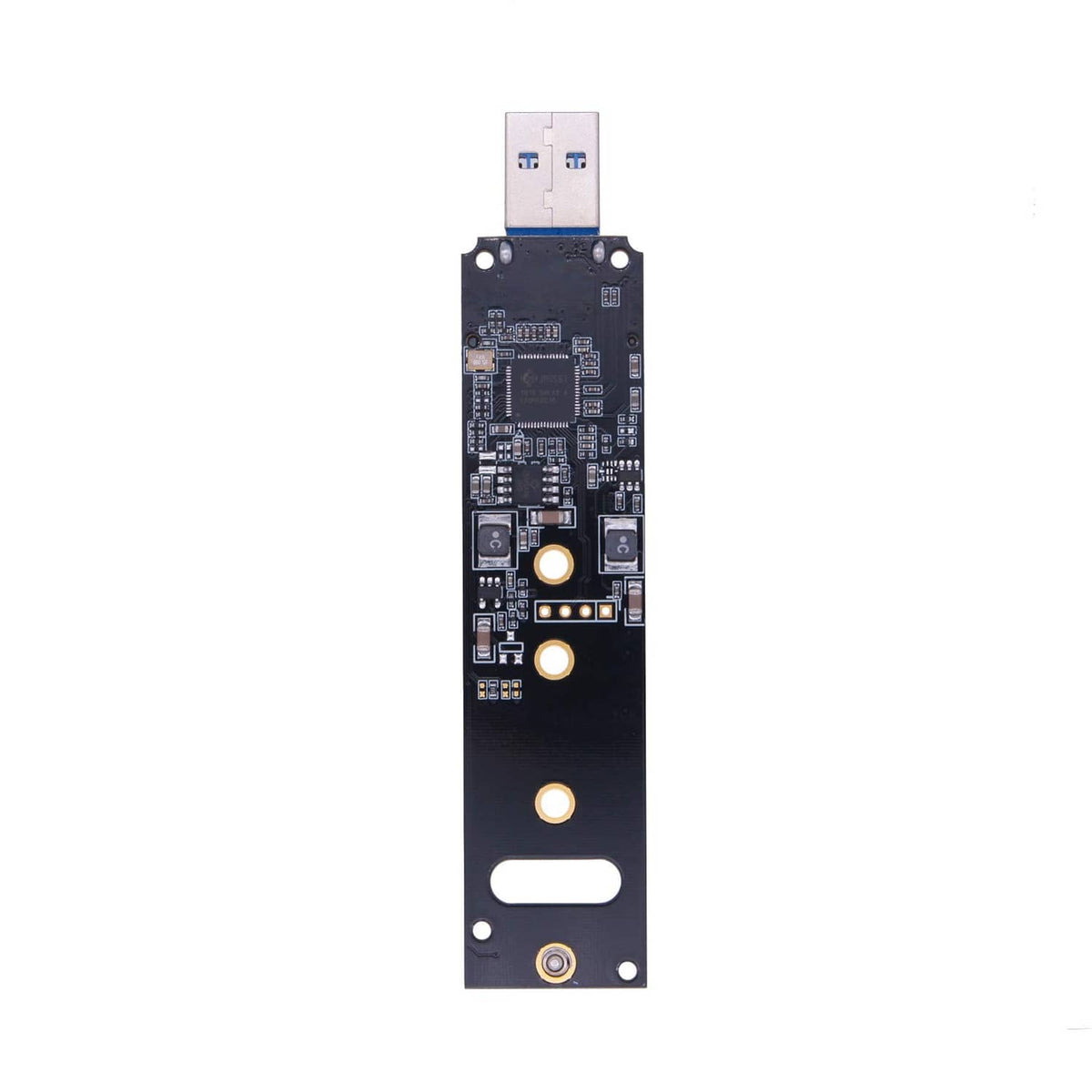 M.2 NVMe adapter PCB with white USB connector and circular mounting holes