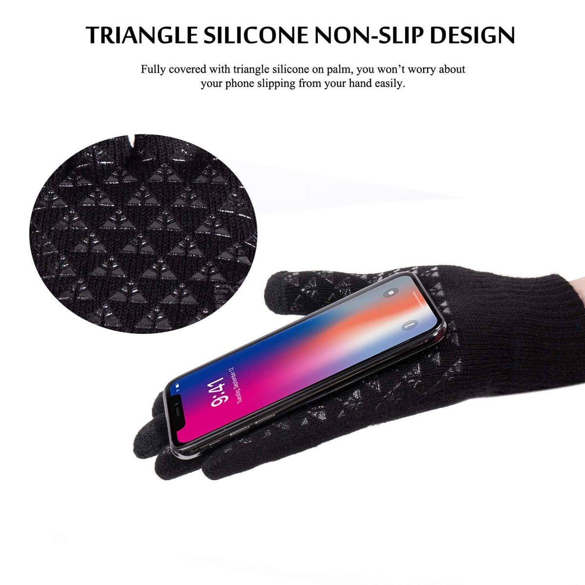 Black knit touch screen gloves with textured non-slip palm for phone use