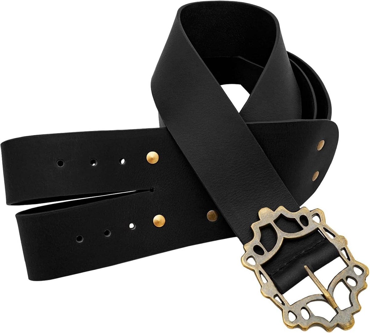 Black leather pirate sword baldric with studded strap and metal buckle hanger