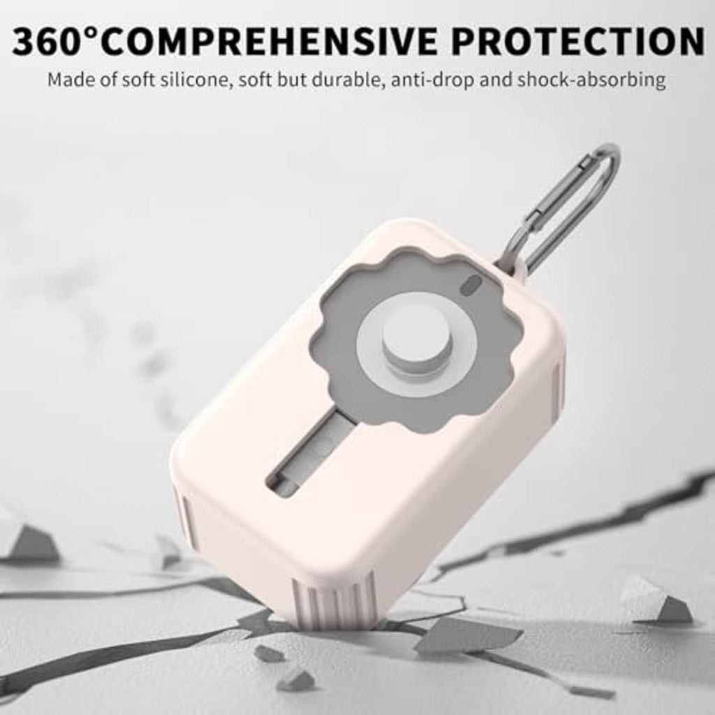 Off-white silicone charger protector cover with gray top opening and metal hanging loop