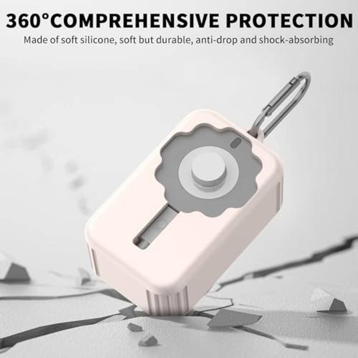 Off-white silicone charger protector cover with gray top opening and metal hanging loop