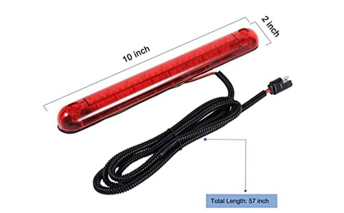 Red LED brake light bar with black wiring harness, shown with size guide