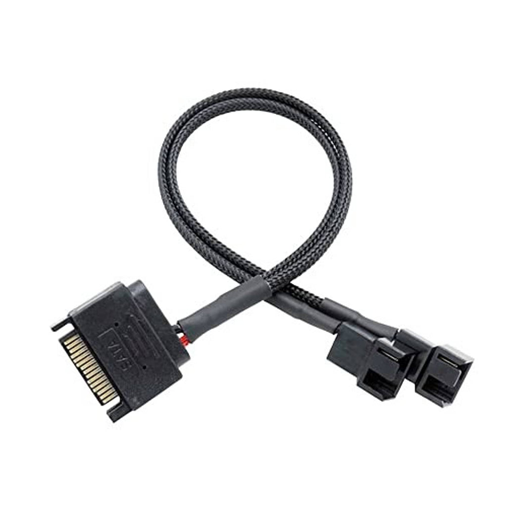 SATA to dual 4-pin fan adapter cable with braided black cord and plugs