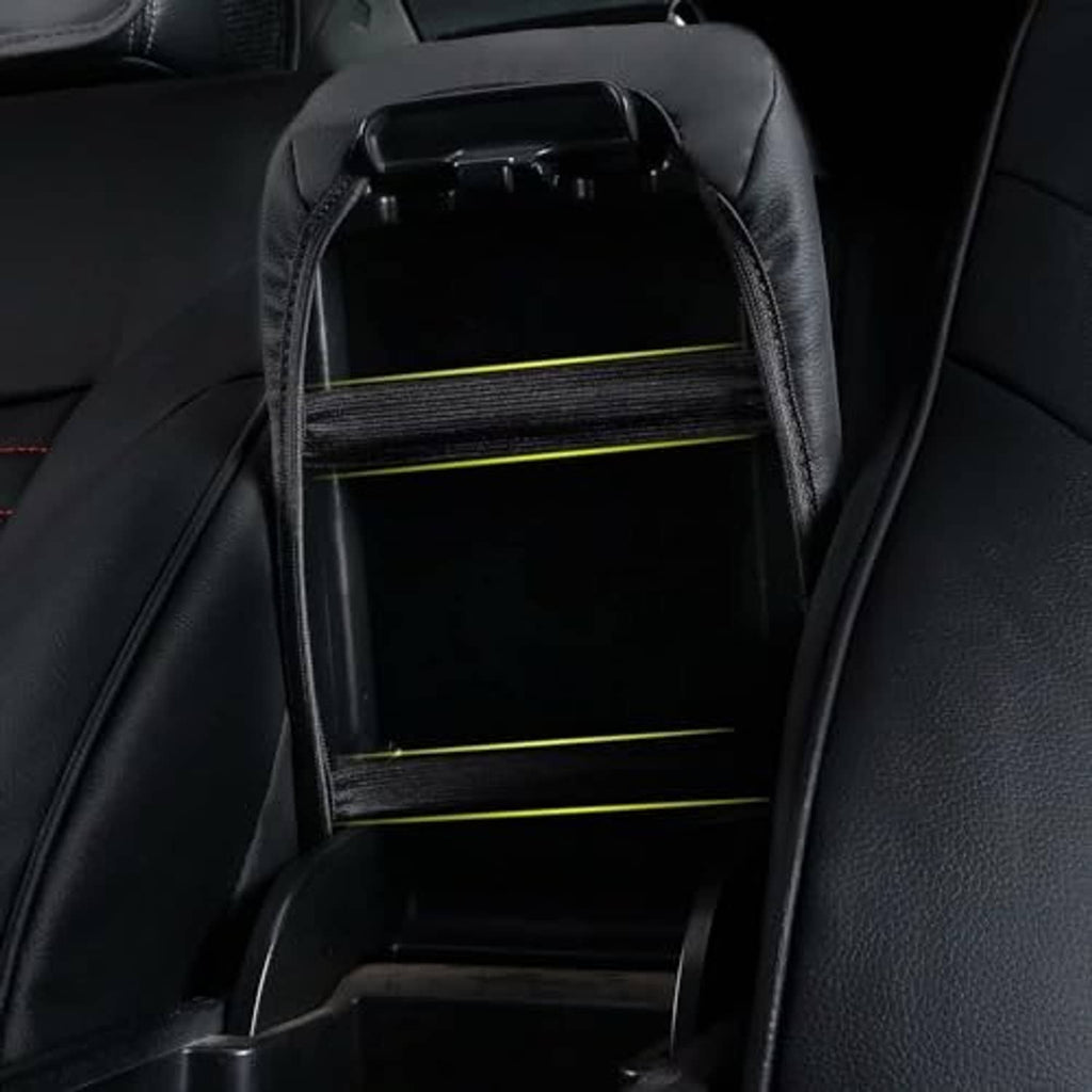 Black fold-up armrest with open storage compartment and interior base