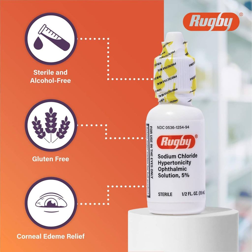 Rugby sodium chloride hypertonicity ophthalmic solution 5% bottle with front label.