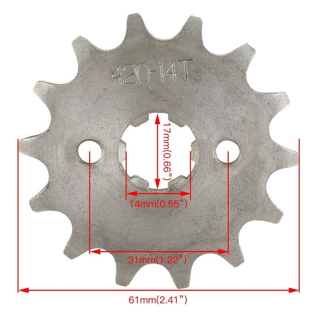 420-14T front sprocket gear with size dimensions shown