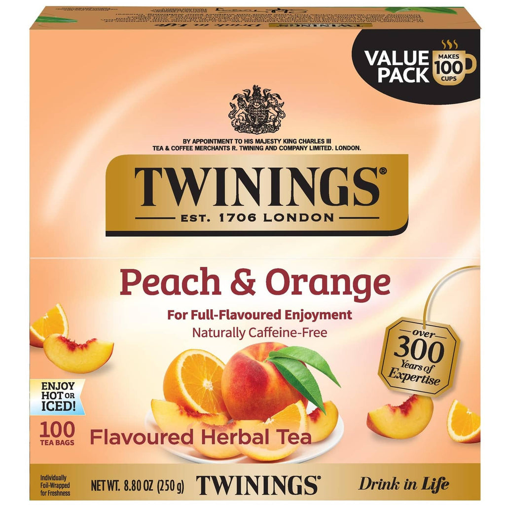 Twinings Peach & Orange herbal tea pack with 100 individually wrapped tea bags