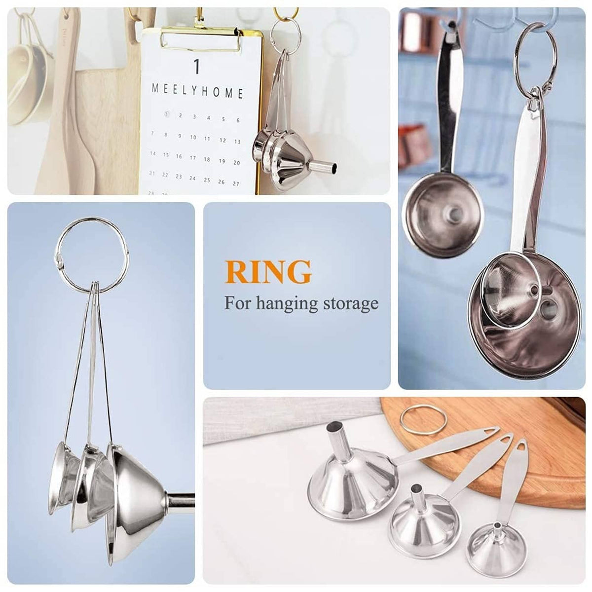 Silver metal funnels with hanging ring for storage, three-piece long-spout set