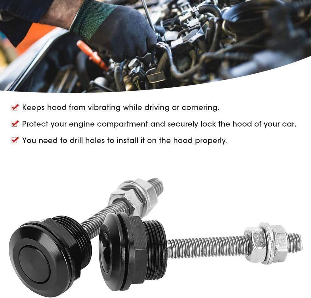 Car hood latch pin set with black push-button quick release and bolt hardware