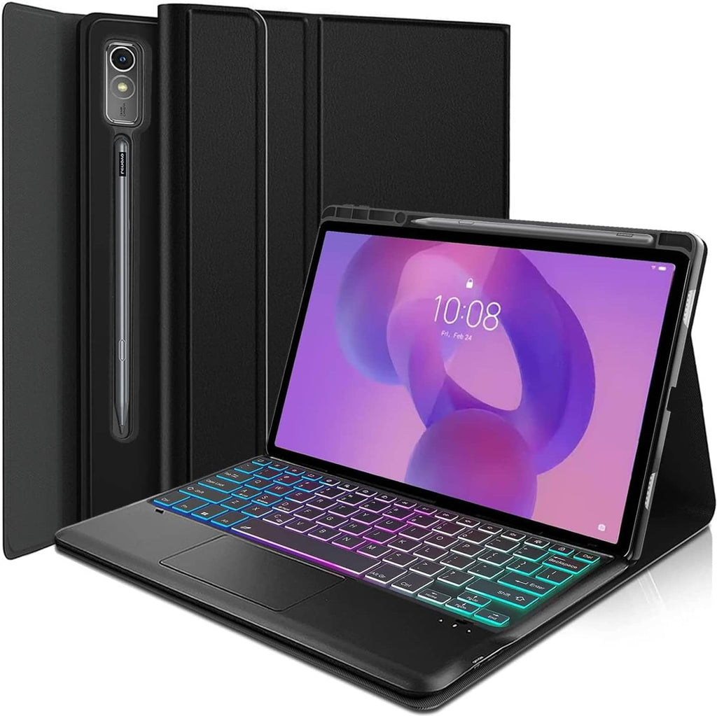 Black folio keyboard case with touchpad and RGB backlit keys, tablet screen lit