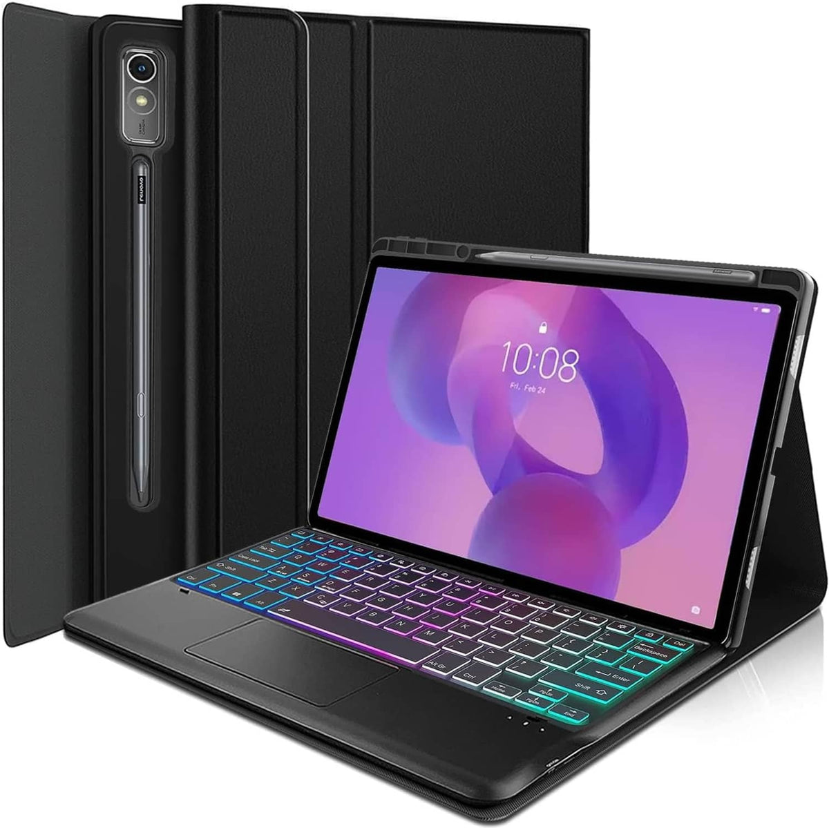 Black folio keyboard case with touchpad and RGB backlit keys, tablet screen lit