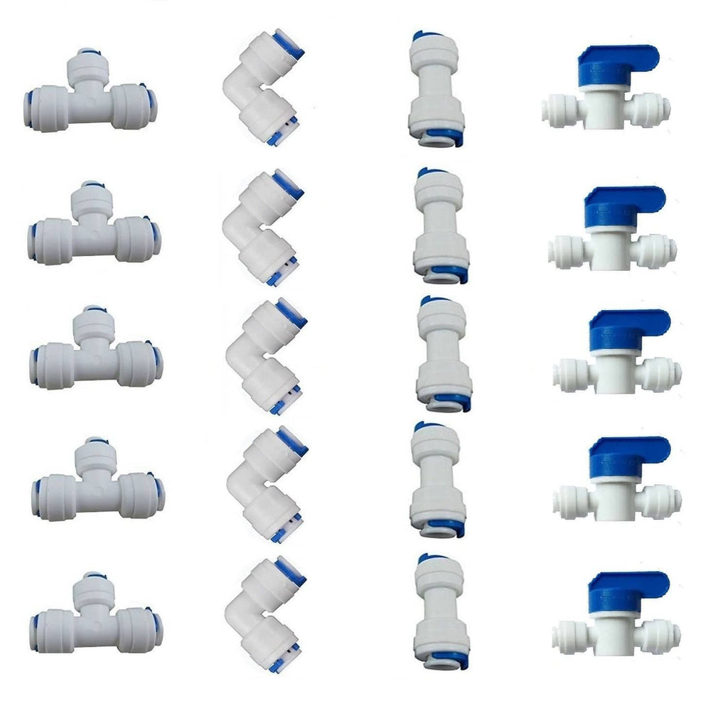White RO 1/4 in quick-connect push-in plumbing fitting with blue release collar