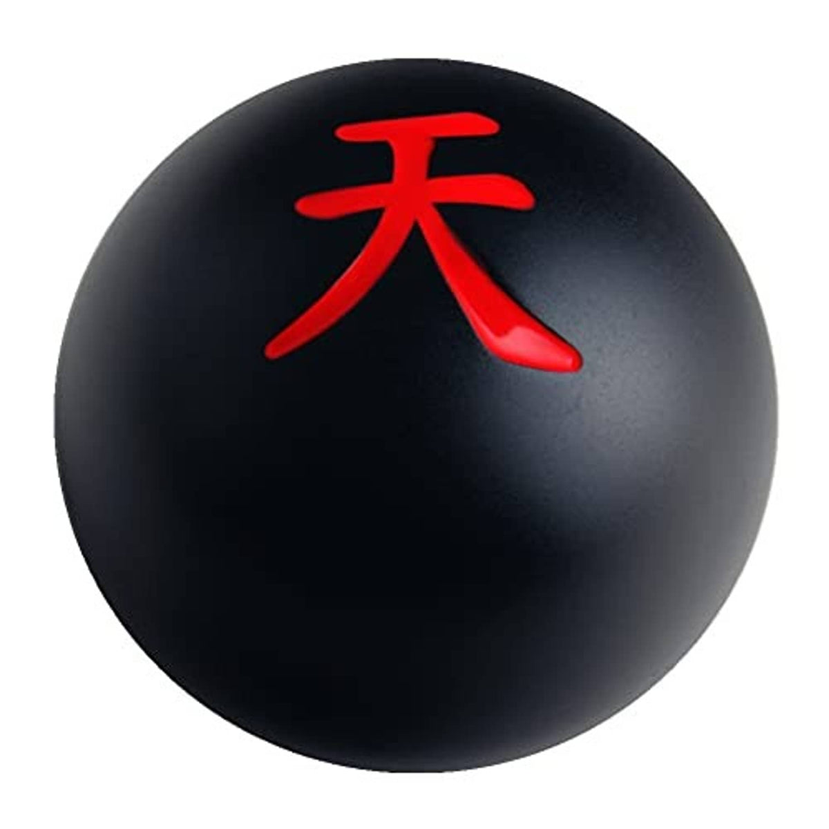Black spherical shift knob with red character inlay and glossy finish