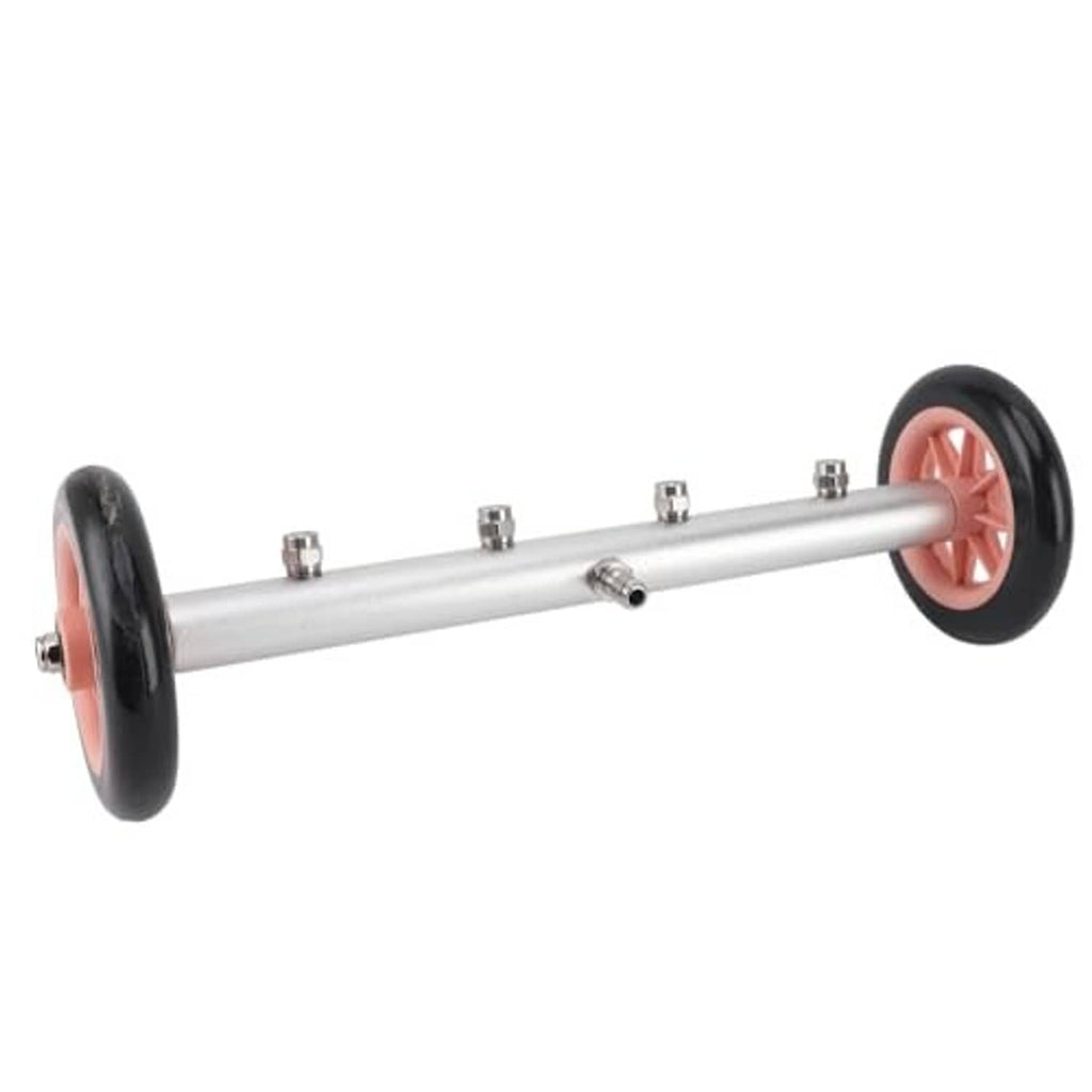 Pressure washer driveway attachment with long silver wand and two red wheel mounts