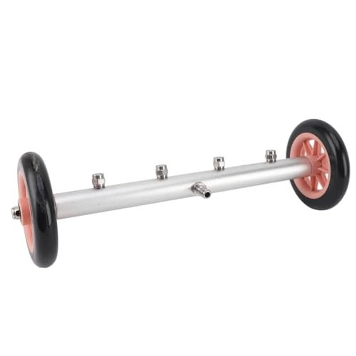 Pressure washer driveway attachment with long silver wand and two red wheel mounts