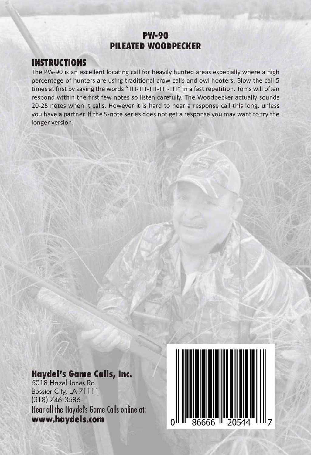 PW-90 pileated woodpecker call instructions sheet with barcode and brand logo