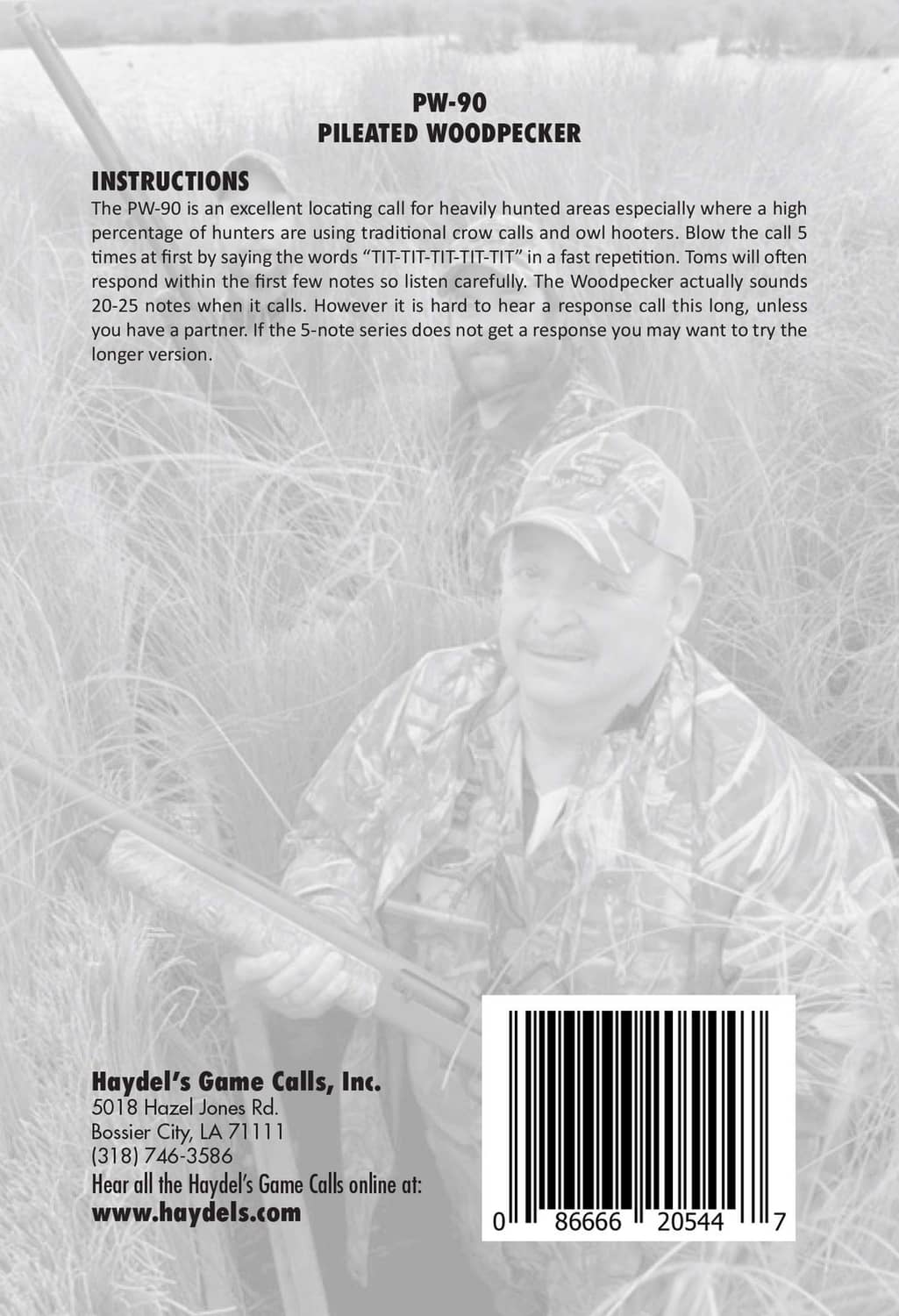 PW-90 pileated woodpecker call instructions sheet with barcode and brand logo