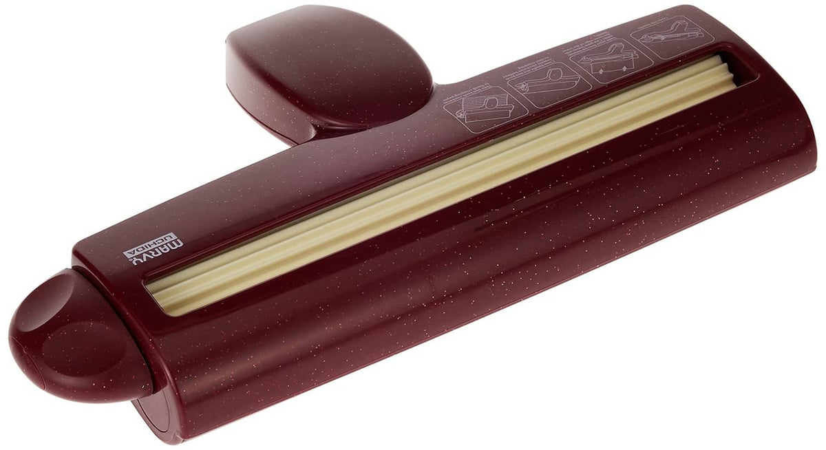 Straight paper crimper with open ridged roller channel, maroon with end caps
