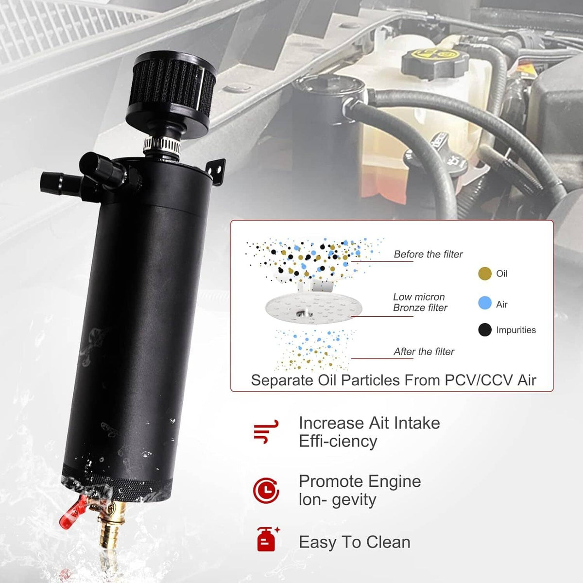 Black oil catch can installed with filter cap and brass oil drain valve
