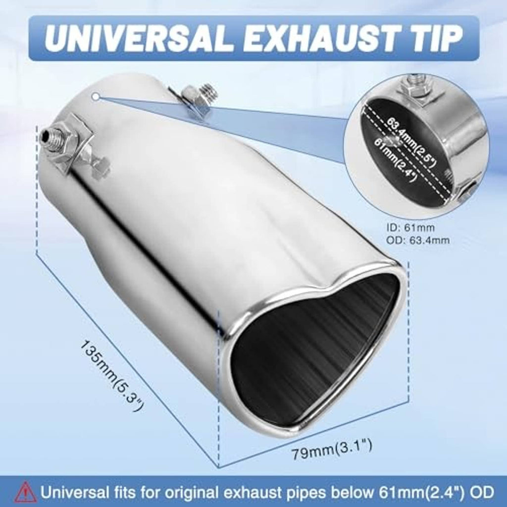 Universal silver exhaust tip with heart-shaped outlet, clamp-style hardware on inlet.