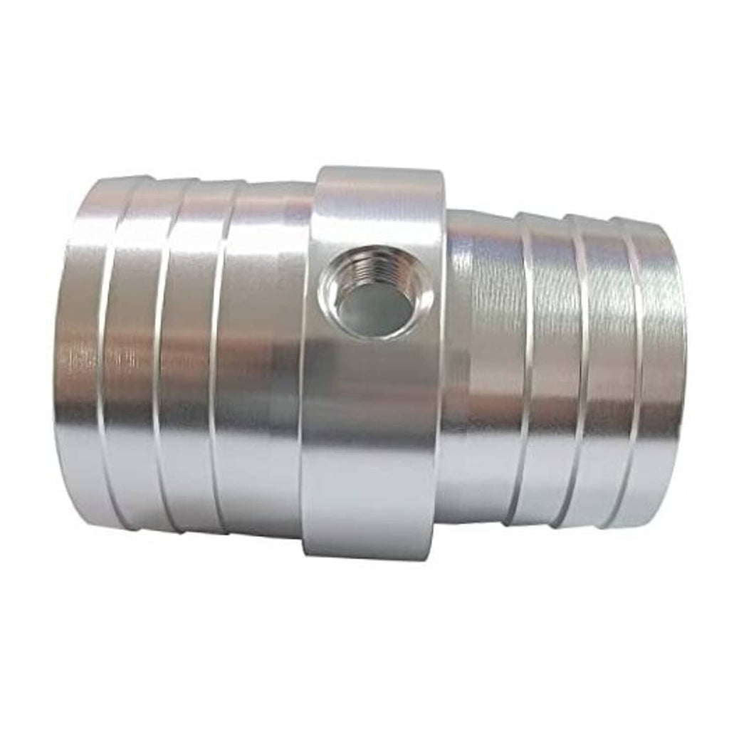 Metal radiator hose barb adapter with threaded NPT port, 1-1/2 to 1-3/4 in size