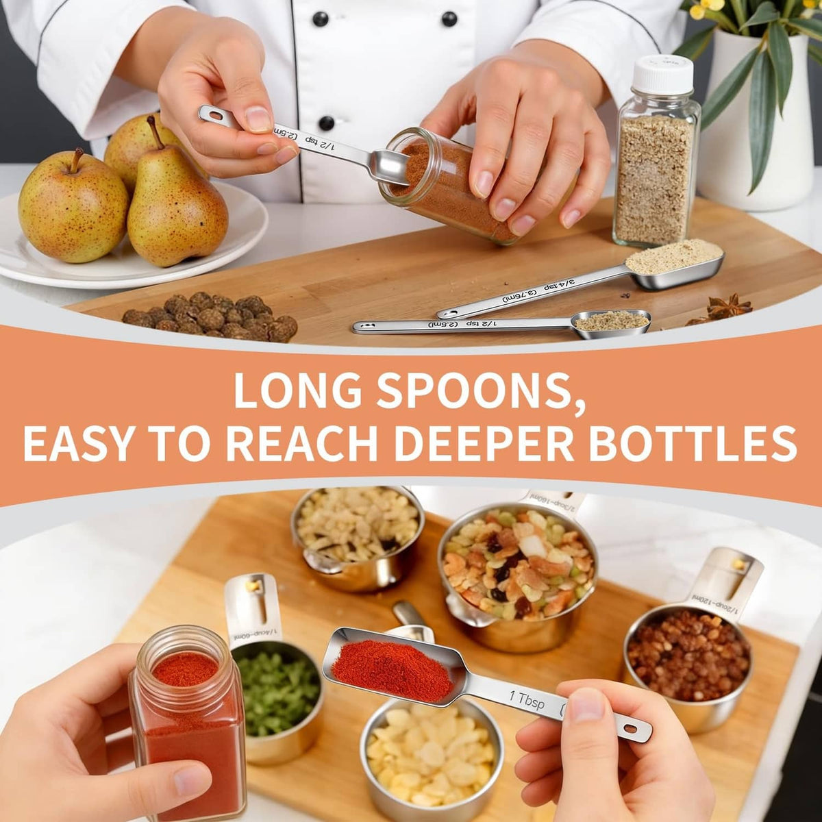 Stainless steel long-handled measuring spoon with nested cups set