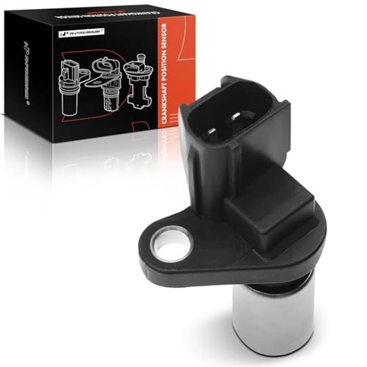 Crankshaft position sensor showing black plug, round mounting hole, and metal body