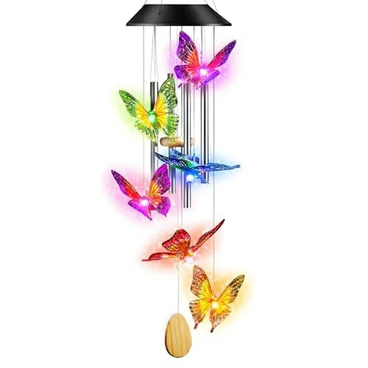 Solar LED wind chime with glowing multicolor butterfly cutouts on aluminum tubes and disc striker