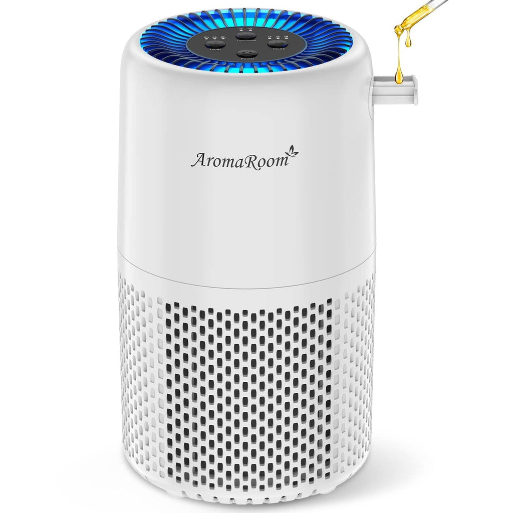 White cylindrical air purifier with blue top grille and circular control panel
