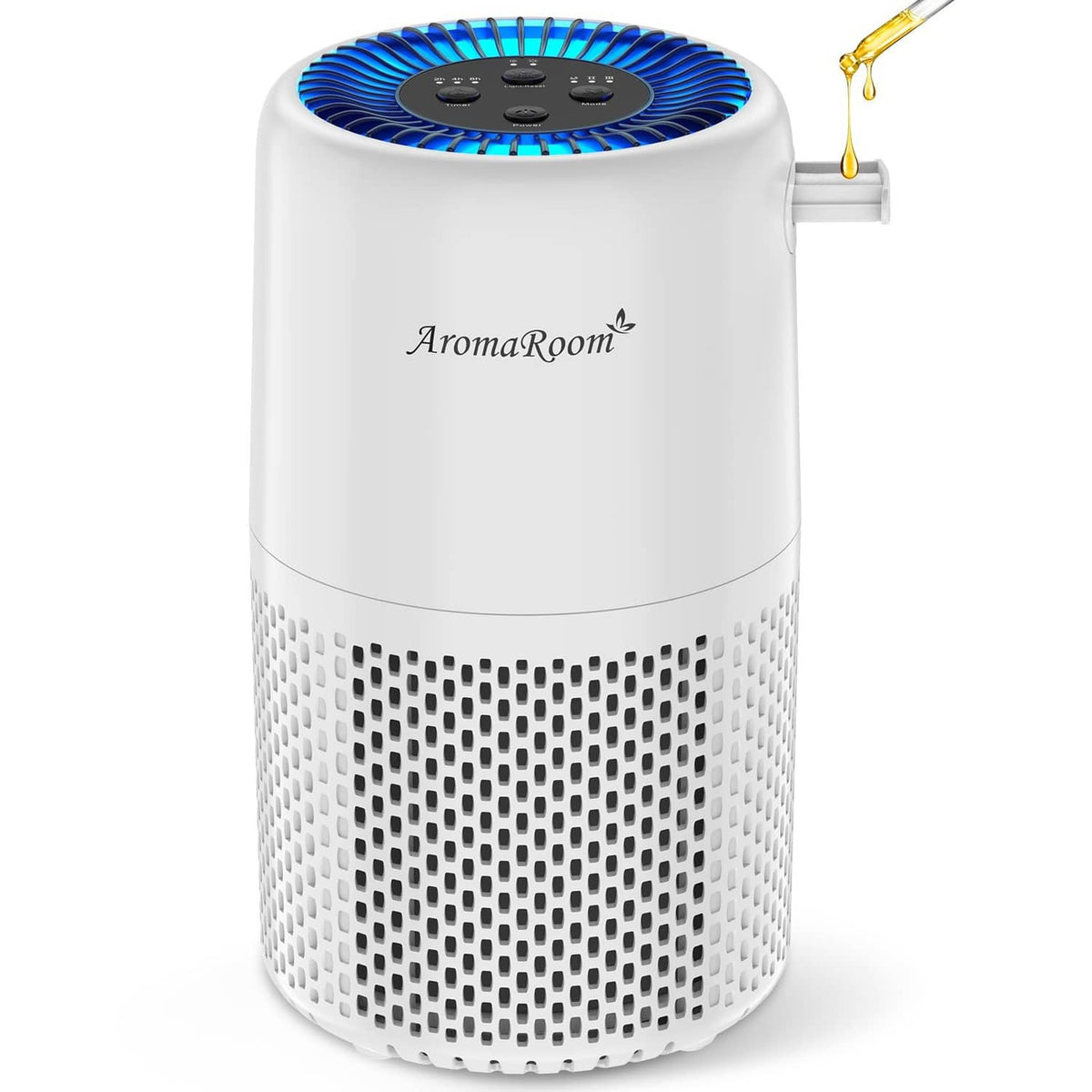 White cylindrical air purifier with blue top grille and circular control panel