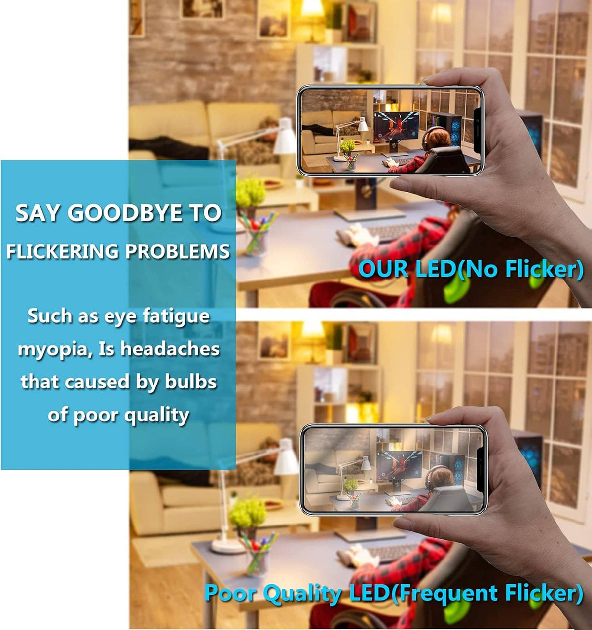 Warm white LED no-flicker vs frequent-flicker phone demo for E26 bulbs