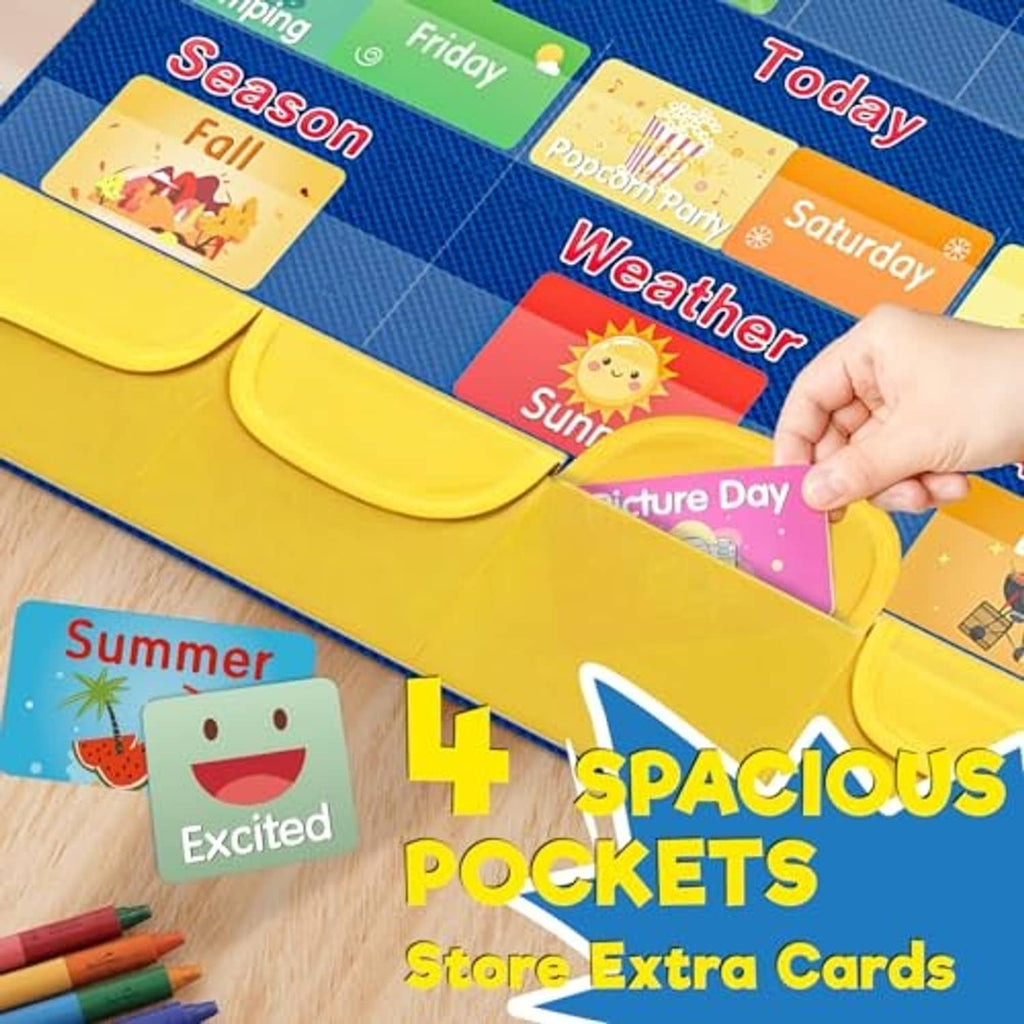 Blue pocket calendar chart with yellow card flaps and illustrated inserts for “Today” and “Weather”