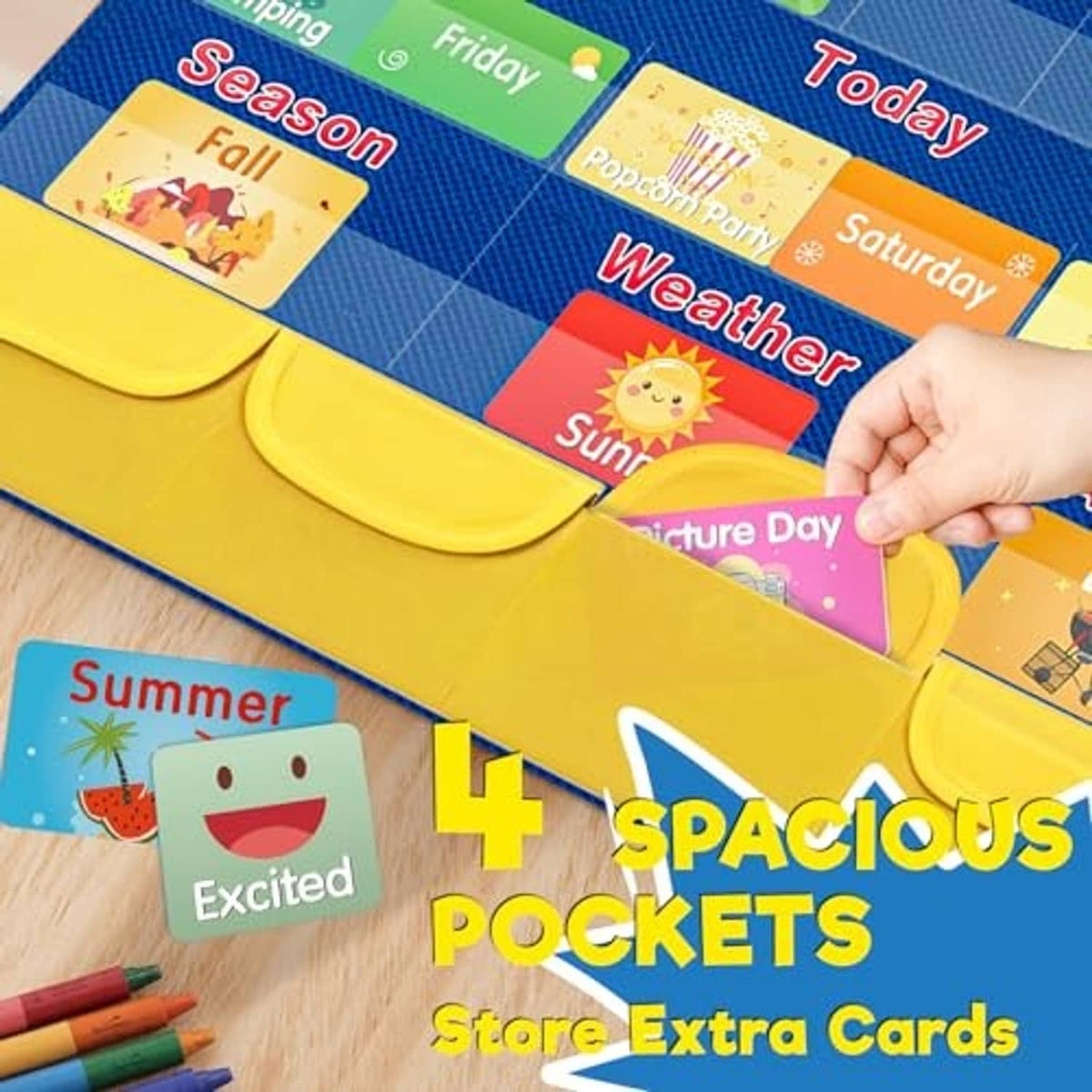 Blue pocket calendar chart with yellow card flaps and illustrated inserts for “Today” and “Weather”