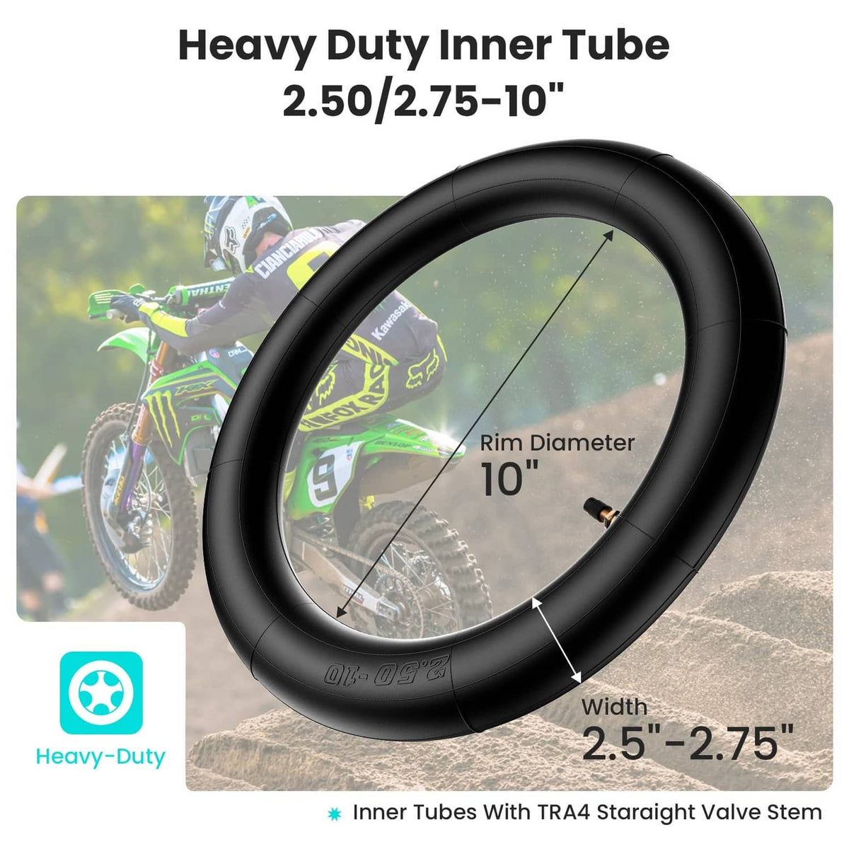 Heavy-duty black inner tube for 10-inch rim, 2.50 to 2.75 width