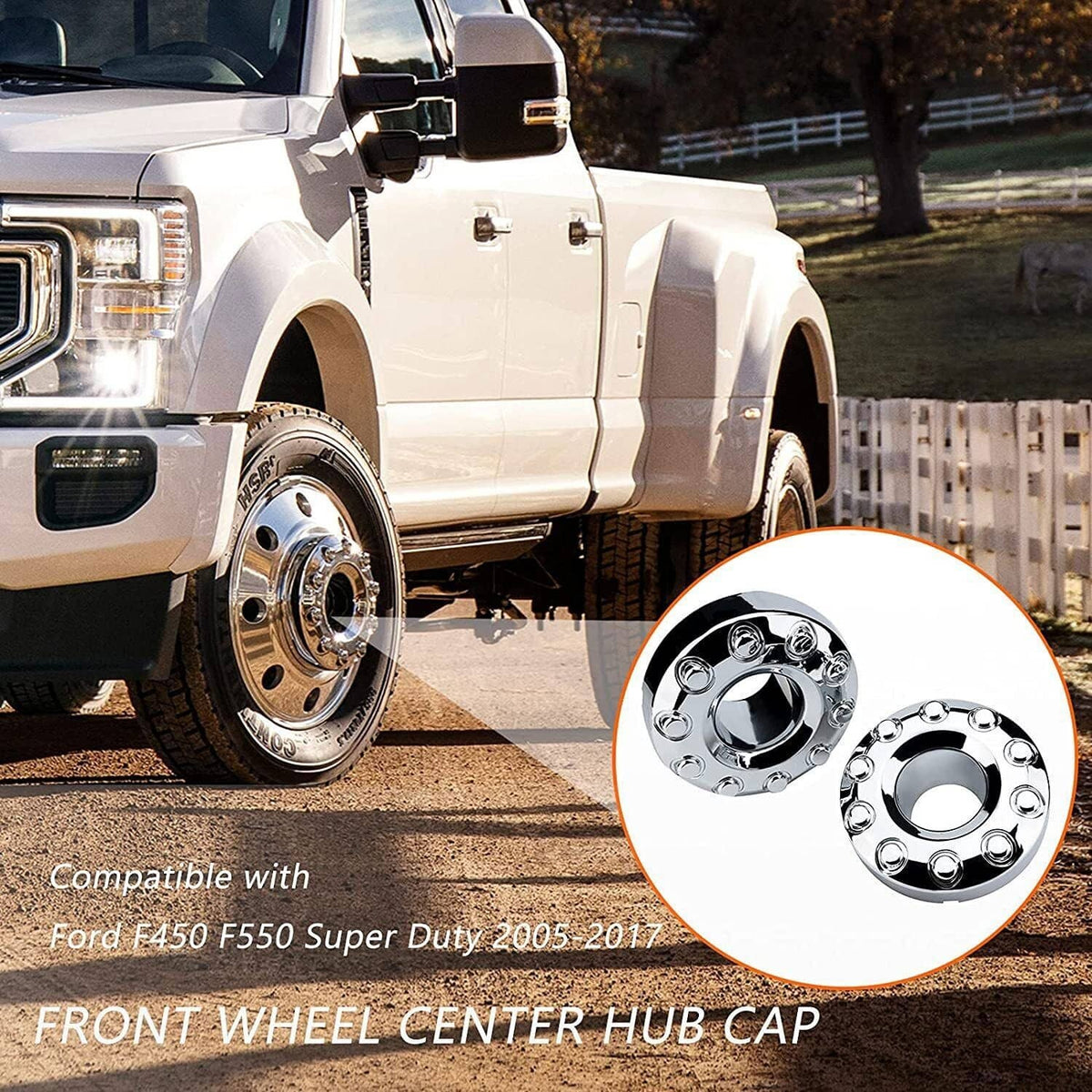 Chrome front wheel hub center caps installed on a heavy-duty truck wheel
