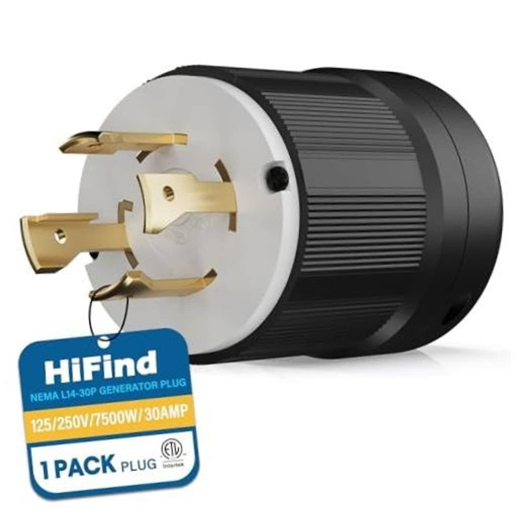 Black locking generator plug with white face and gold prongs