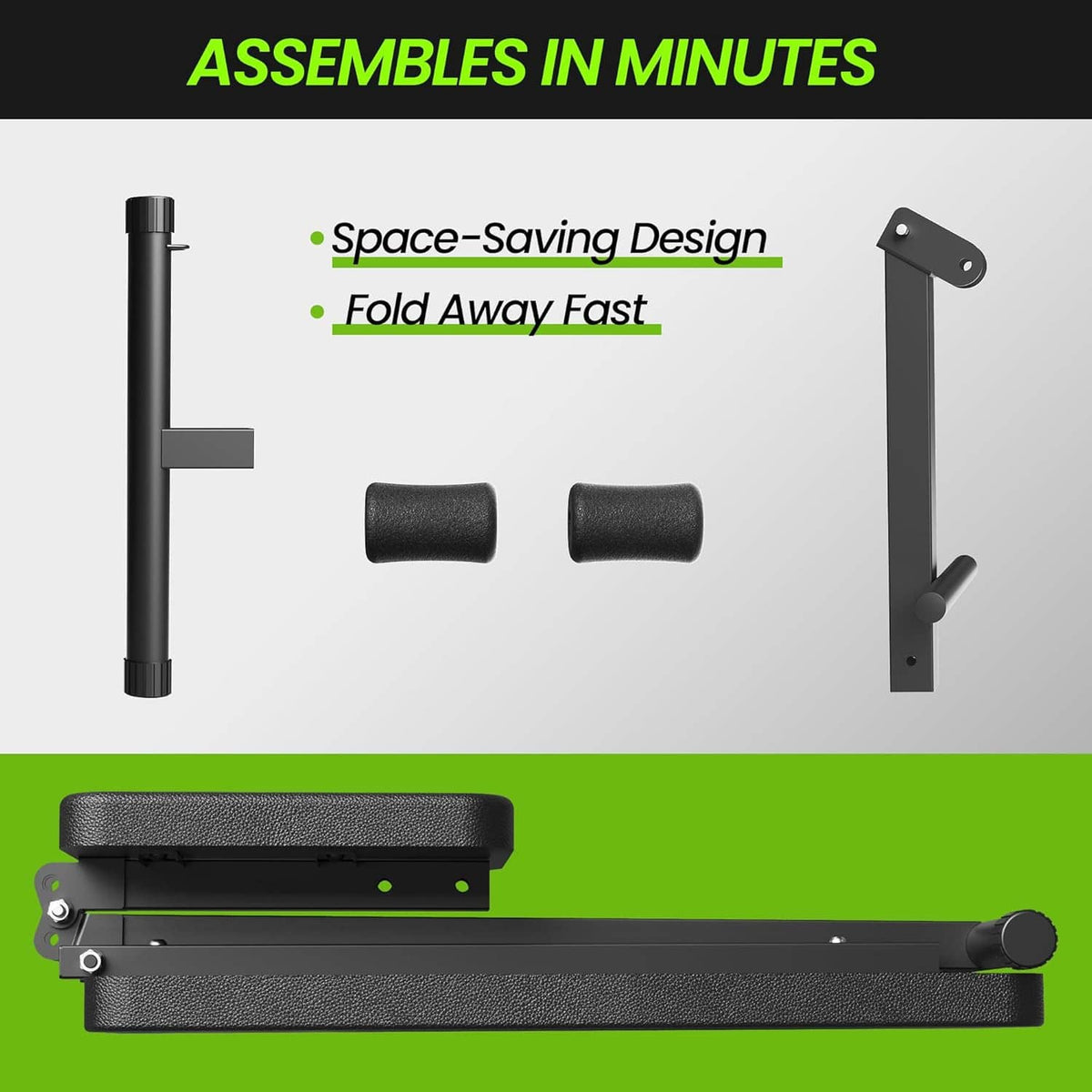 Foldable weight bench showing folded frame and padded seat components