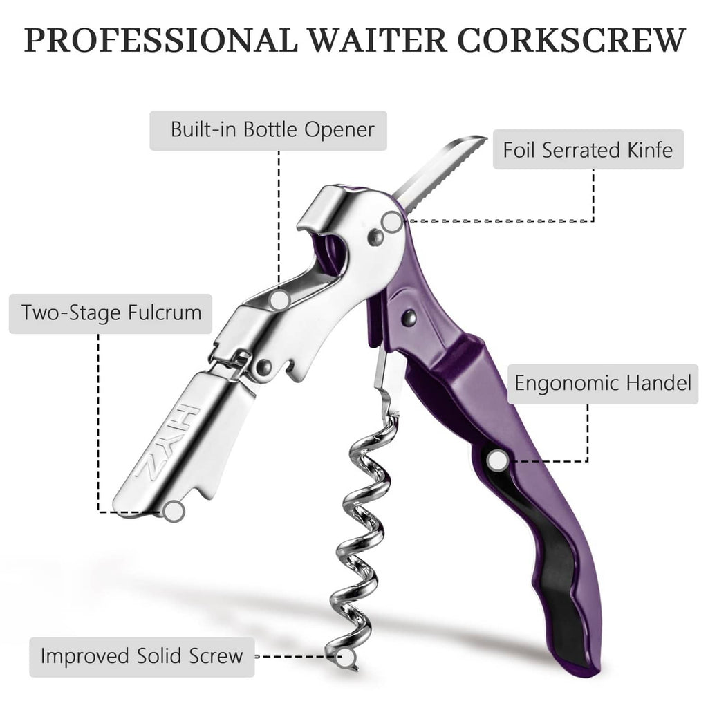 Stainless steel waiter corkscrew key with foil knife and bottle opener, plum handle