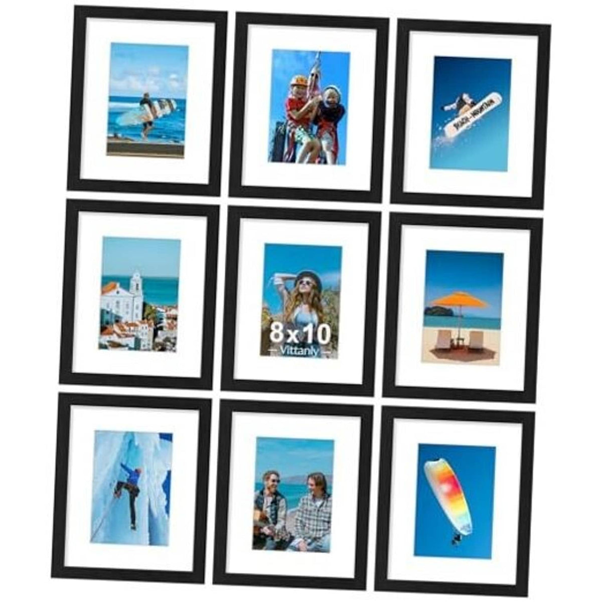 Black 9-piece picture frame set, each with white mat and clear front
